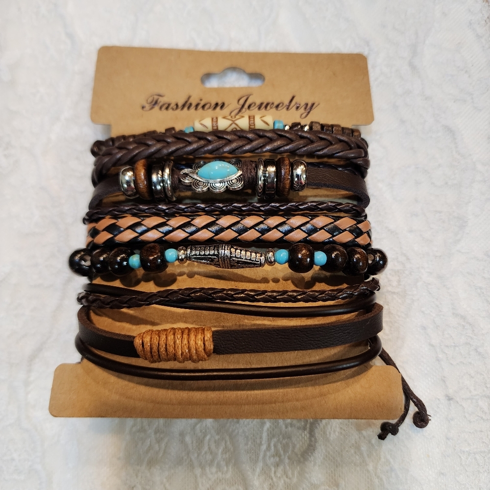6 Stackable Western Cowboy Style Beaded Adjustable Bracelets-Unisex